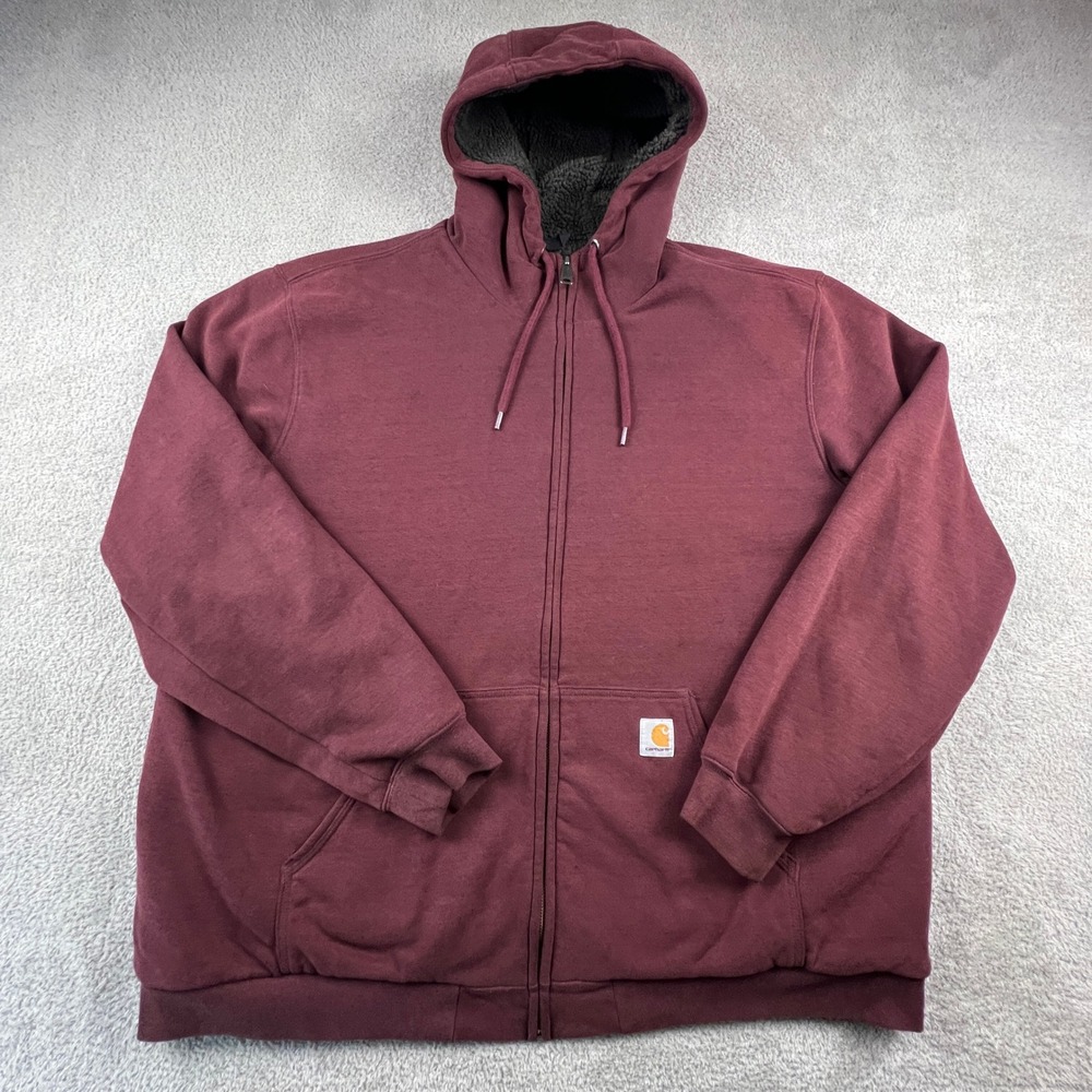 Carhartt Sherpa Lined Hoodie Mens 2XL Tall Burgundy Full Zip Workwear Sweatshirt - Picture 1 of 16